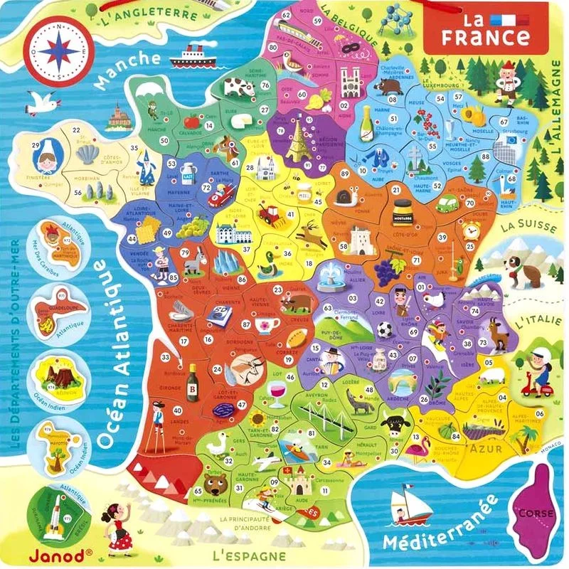 Puzzle magnétique France - Puzzle JANOD de 93 pièces pour reconstituer la  carte de France