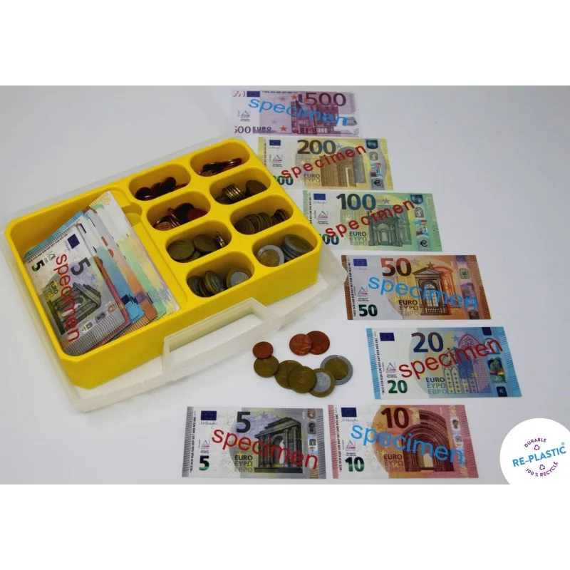 Coffret argent factice - Ensemble de fausses pièces et de faux billets en euros  pour l'école ou pour jouer à la maison.