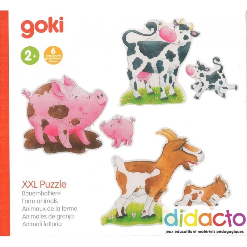 Coffret de 6 puzzles XXL de 3 et 4 pièces sur le thème des animaux de la  ferme.